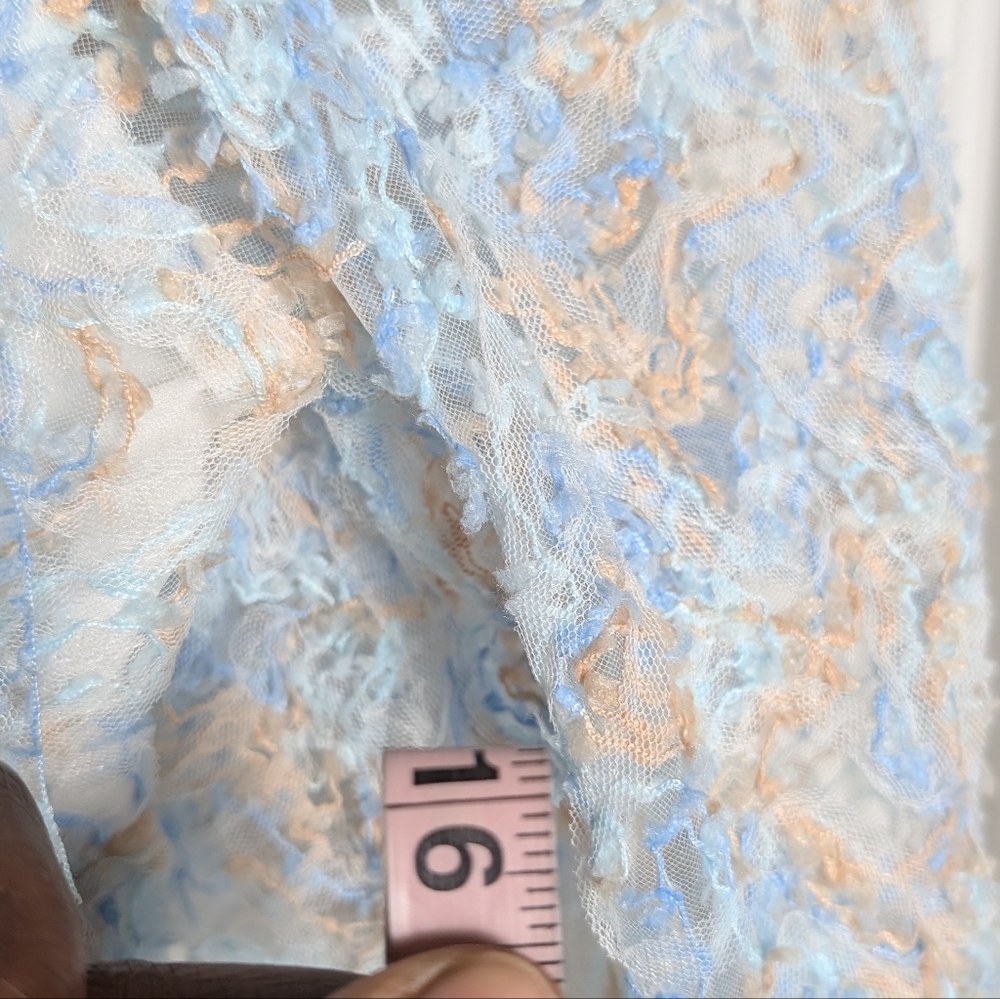 Storia Babydoll Dress Blue Tan Lacey Puff Sleeve Ruffle Square Neck Cottage Core - Picture 5 of 10